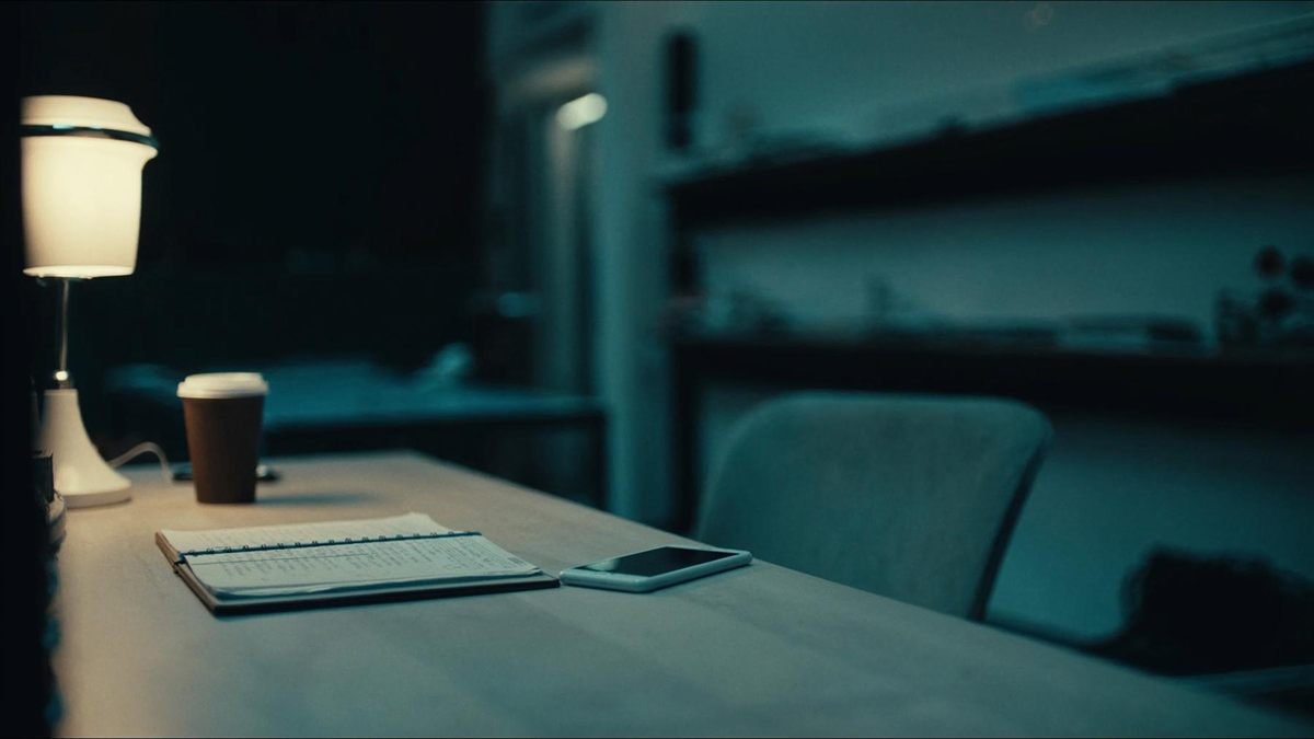 KI-Symbolbild: Ein leerer Schreibtisch am Abend, darauf liegt ein Smartphone.