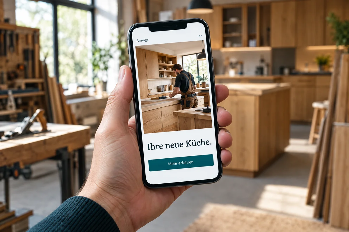 KI-Symbolbild: Werbeanzeige eines Handwerksbetriebs auf einem Smartphone.